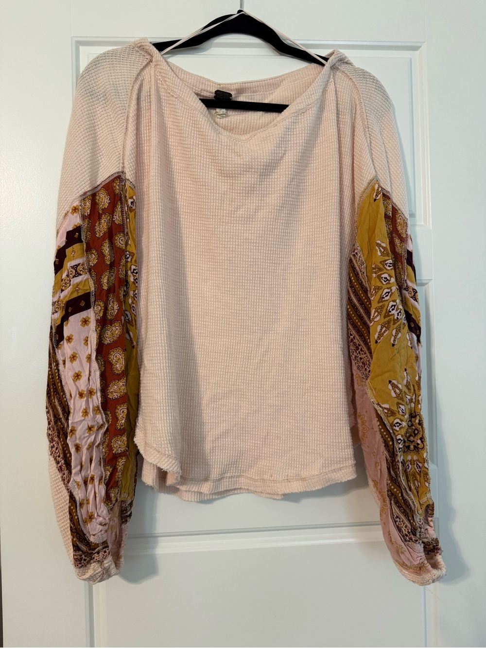 We The Free Pale Pink Waffle Top with Patterned Balloon Sleeves